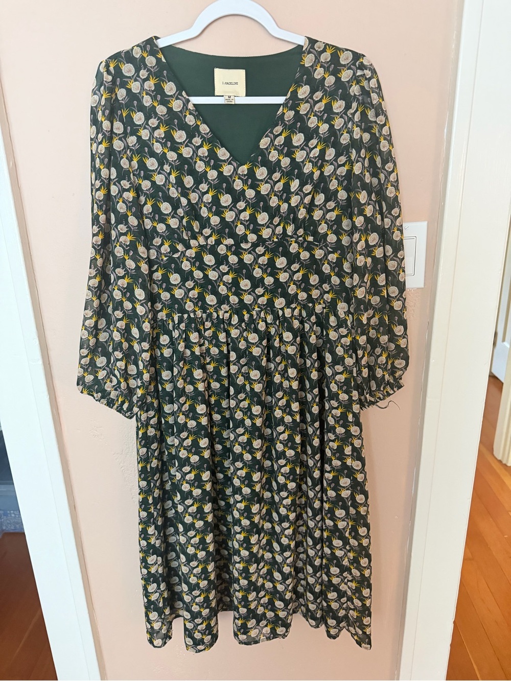 Madeline Green Floral V-Neck Dress with Yellow and Cream Accents